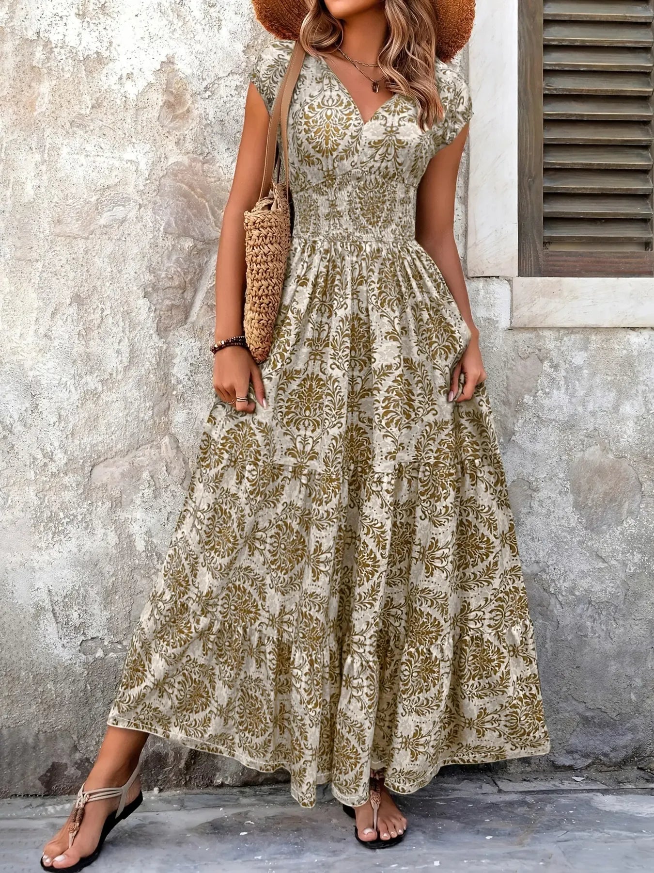 Women's Boho Chic V-Neck Flowy Maxi Dress