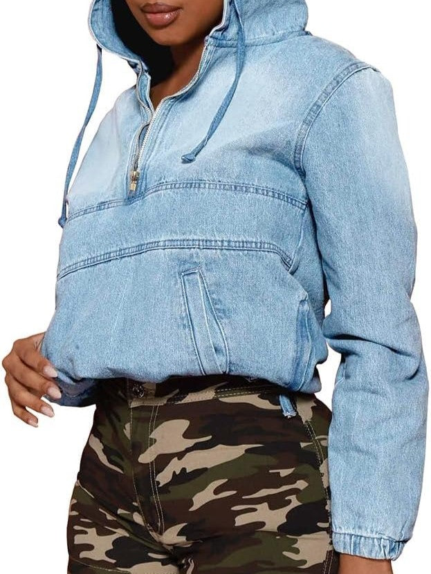 Women's Half Zip Denim Pullover Hoodie With Pockets