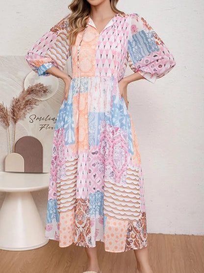 Women's Boho V Neck Flowy Midi Dress