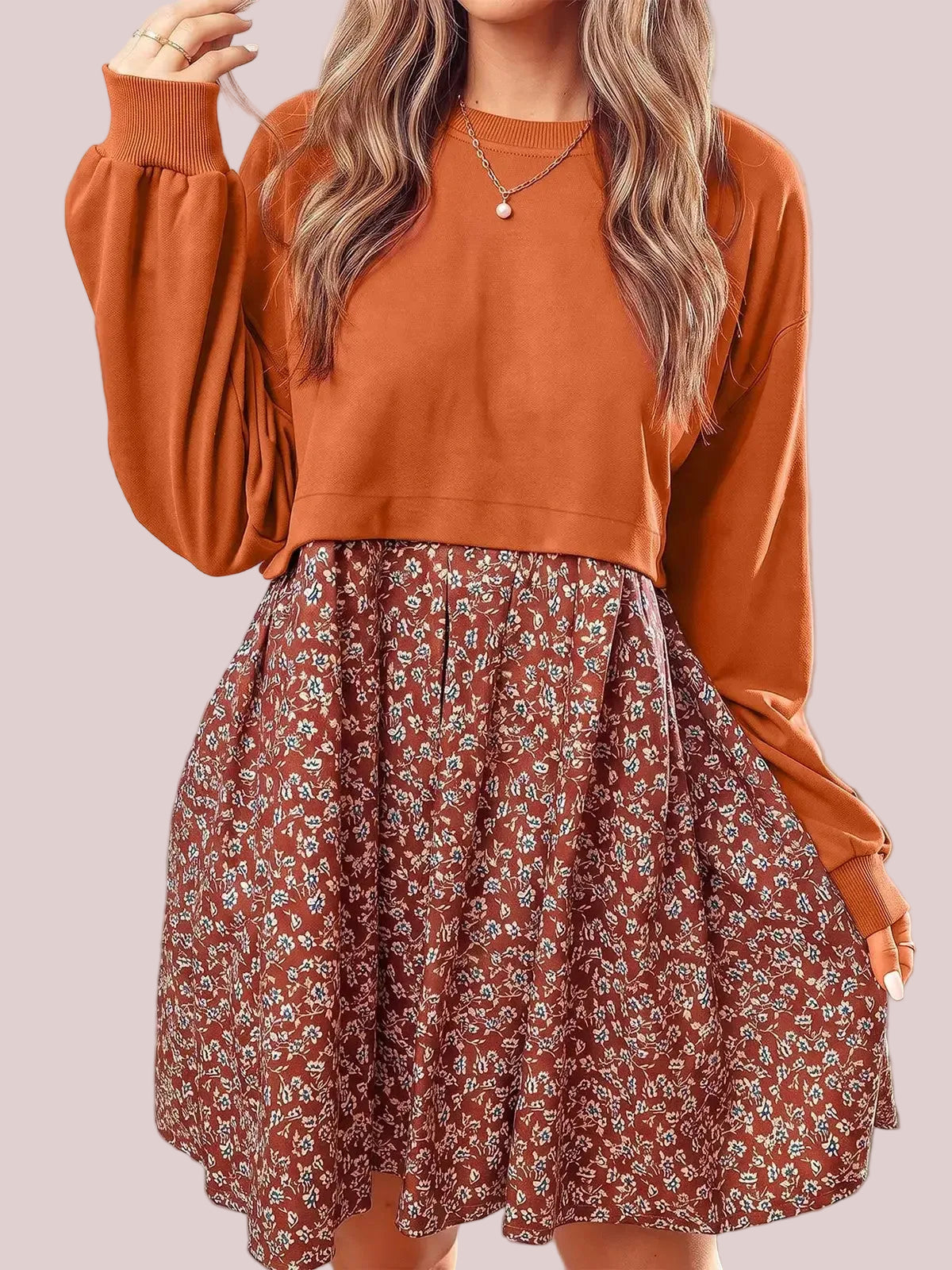 Women's Boho Fall Floral Sweatshirt Mini Dress