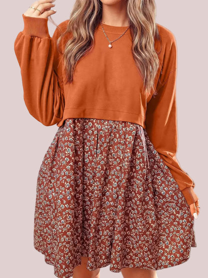 Women's Boho Fall Floral Sweatshirt Mini Dress