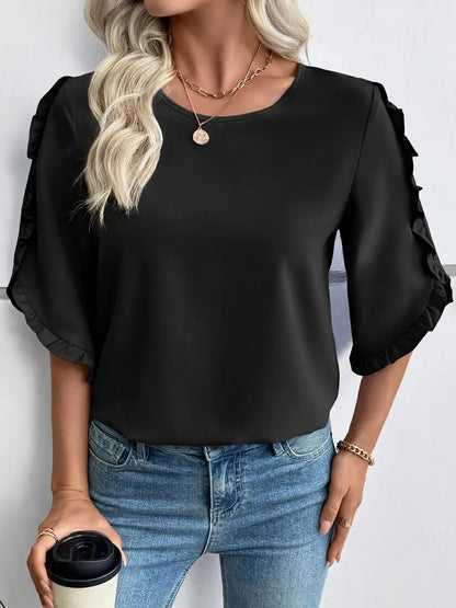 Women's 3/4 Sleeve Ruffle Round Neck Elegant Blouse