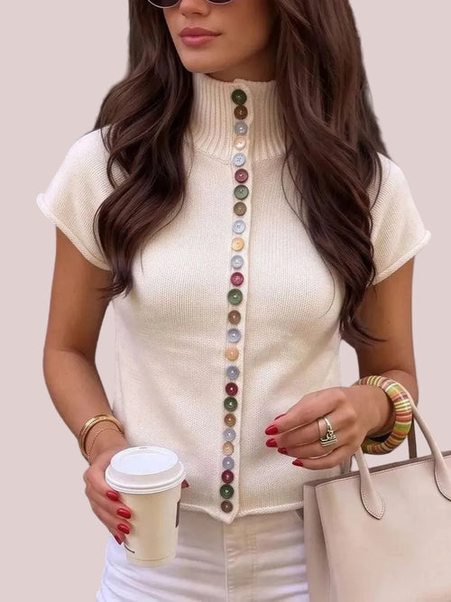 Women's Vintage Multi-Button Short Sleeve Knit Sweater