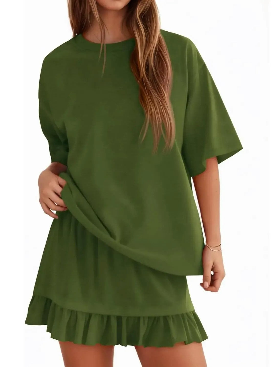 Summer Relaxed Fit Ruffle Hem Short Two Piece Outfit Set