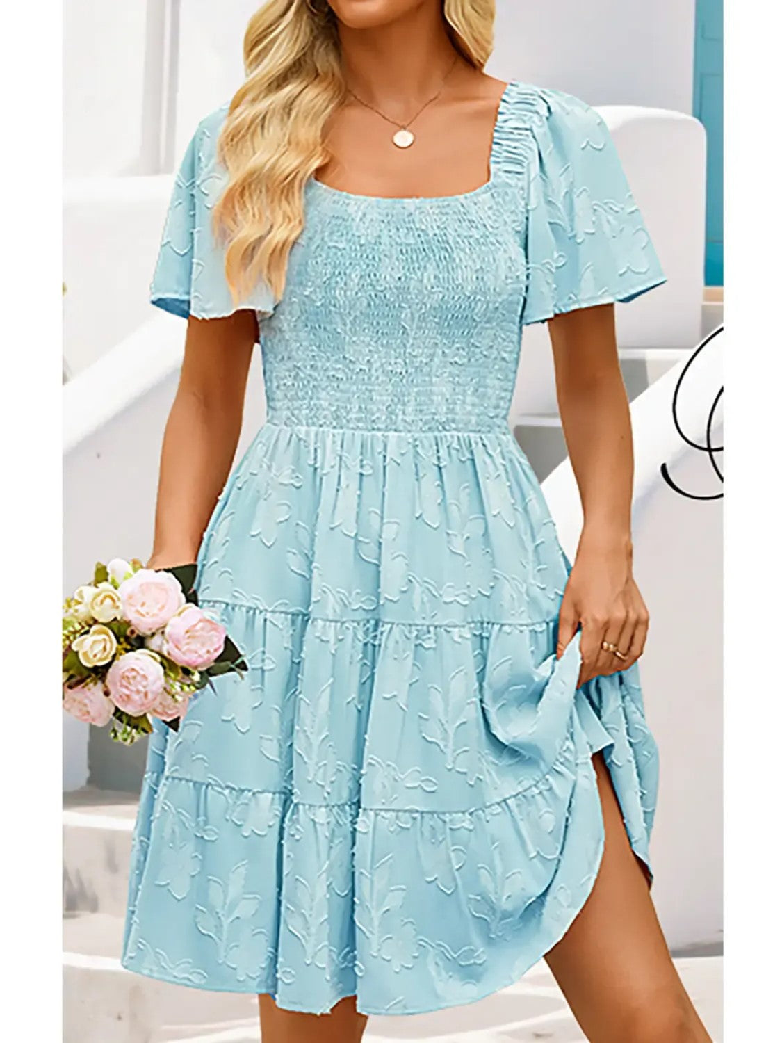 Women‘s Square Neck Floral Flutter Sleeve A Line Dress