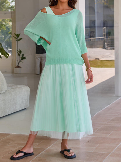 Women's Hollow-Out Top & Sleeveless Mesh Dress 2-Piece Set