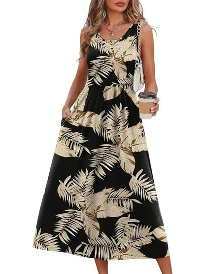 Women's Round Neck A Line Casual Midi Dress