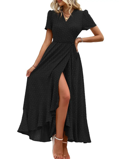 Women's Wrap V Neck Short Sleeve Maxi Dress