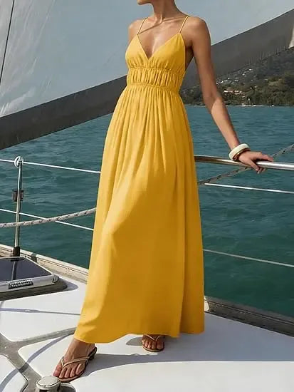 Women's Back Tie Cut‑Out Waist Ruched Flowy Summer Dress