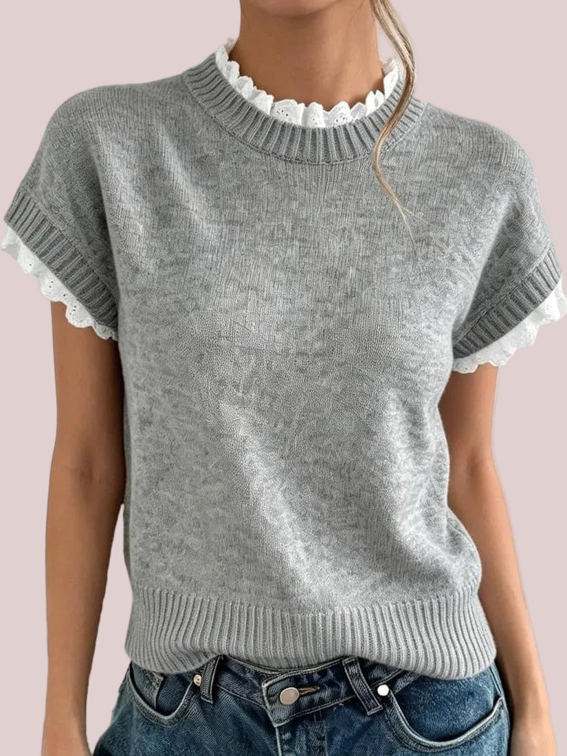 Women's Short Sleeve Lace Trim Mock Neck Knit Top