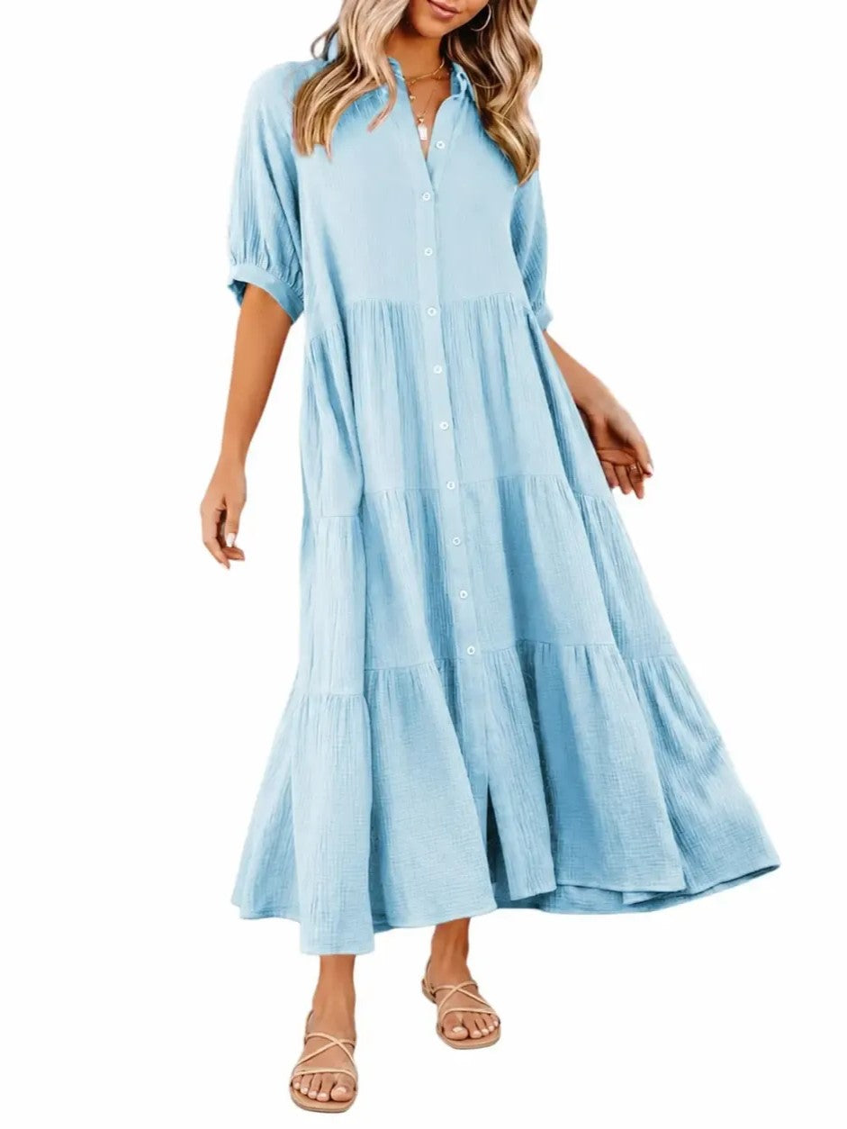 Women's Puff Sleeve Button Front Long Shirt Dress