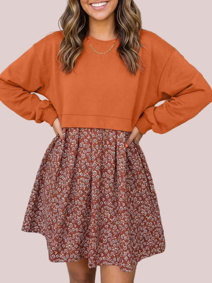 Women's Boho Fall Floral Sweatshirt Mini Dress