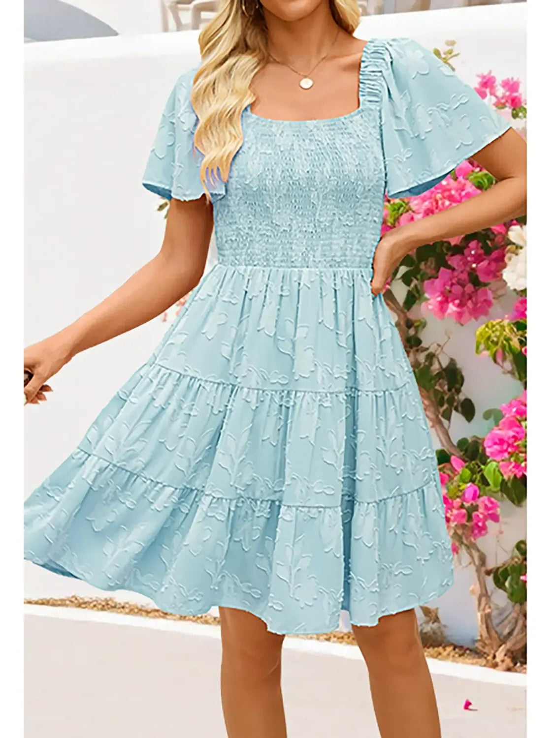 Women‘s Square Neck Floral Flutter Sleeve A Line Dress