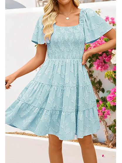 Women‘s Square Neck Floral Flutter Sleeve A Line Dress