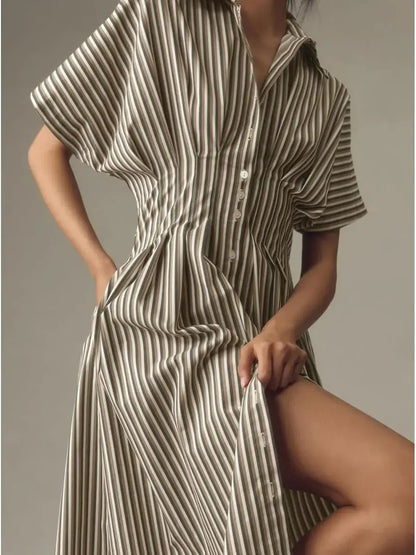 Women's Minimalist Striped Waist-Tucked Shirt Dress
