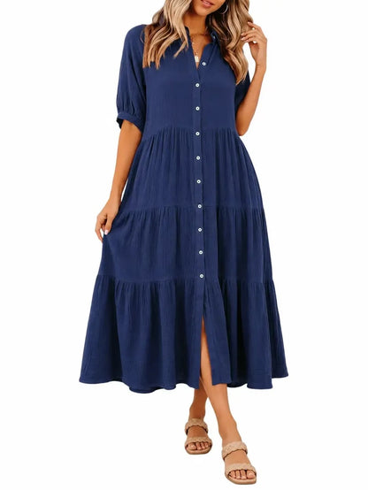 Women's Puff Sleeve Button Front Long Shirt Dress