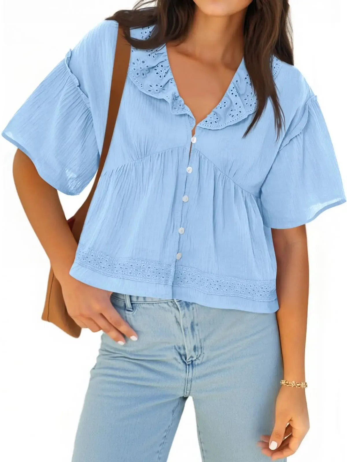 Women's Boho Eyelet V Neck Short Sleeve Top