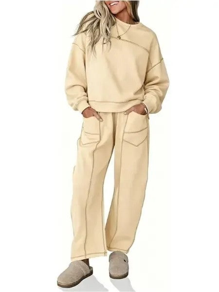 Women's Casual Stitching Detail Sweat Two‑Piece Outfit With Pockets