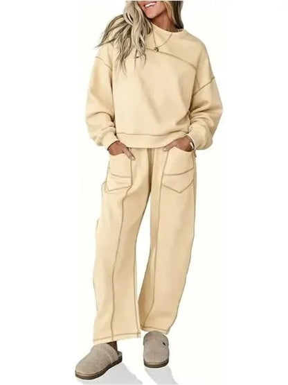Women's Casual Stitching Detail Sweat Two‑Piece Outfit With Pockets