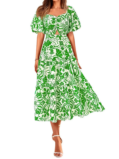 Women Square Neck Puff Sleeve Cutout Front Tiered Floral Midi Dress