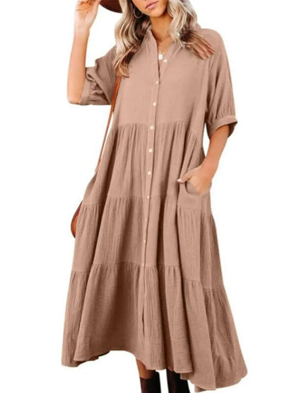 Women's Puff Sleeve Button Front Long Shirt Dress