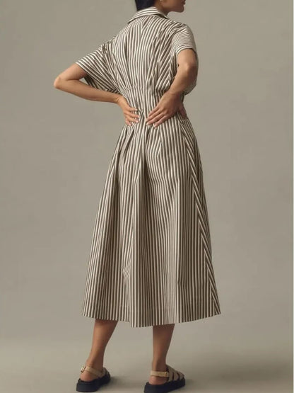 Women's Minimalist Striped Waist-Tucked Shirt Dress