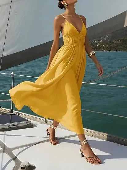 Women's Back Tie Cut‑Out Waist Ruched Flowy Summer Dress