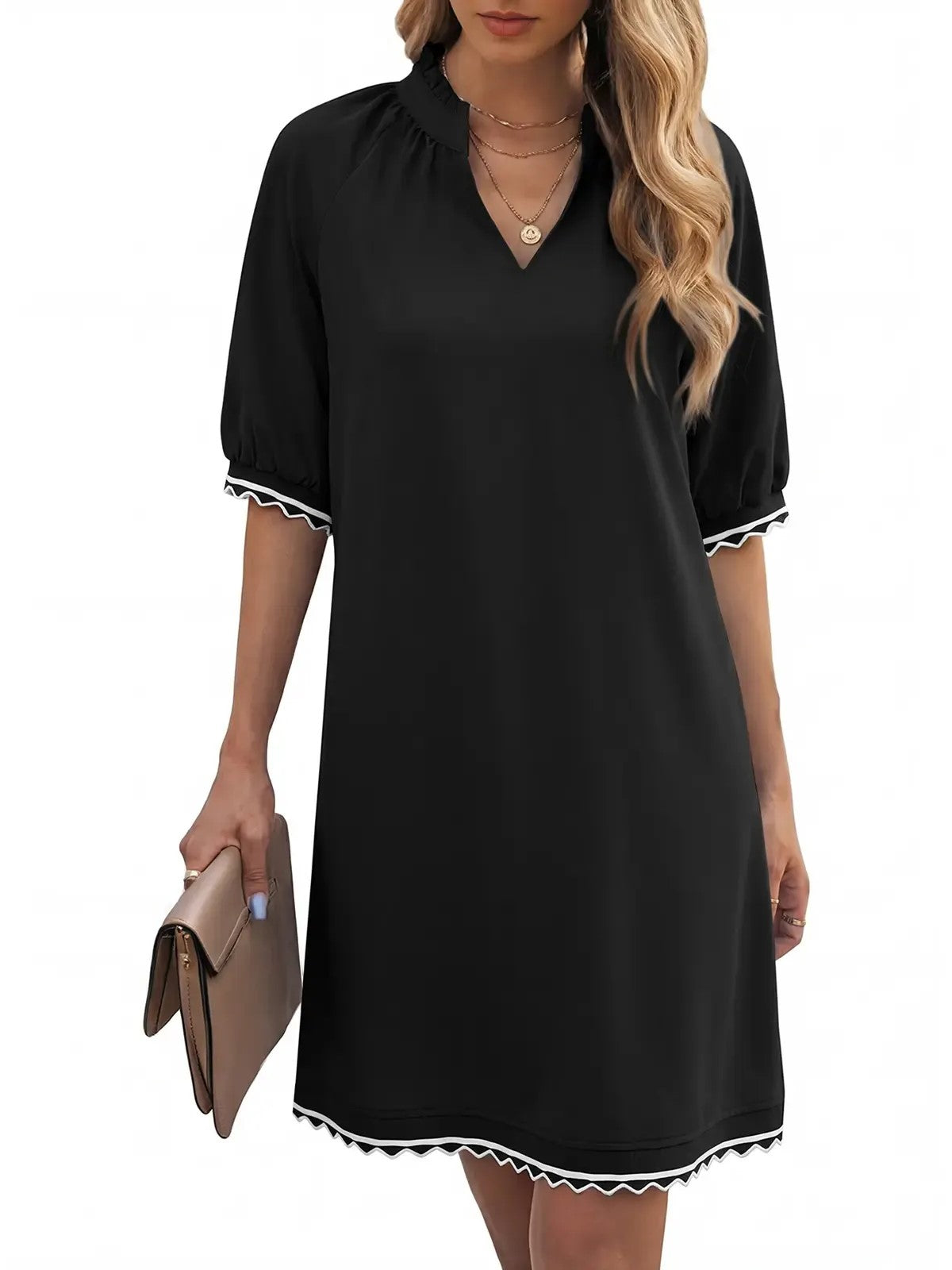 Women's Puff Sleeve Split V‑Neck Shift Dress