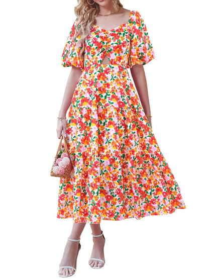 Women Square Neck Puff Sleeve Cutout Front Tiered Floral Midi Dress