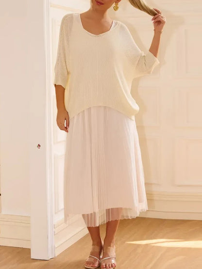 Women's Hollow-Out Top & Sleeveless Mesh Dress 2-Piece Set
