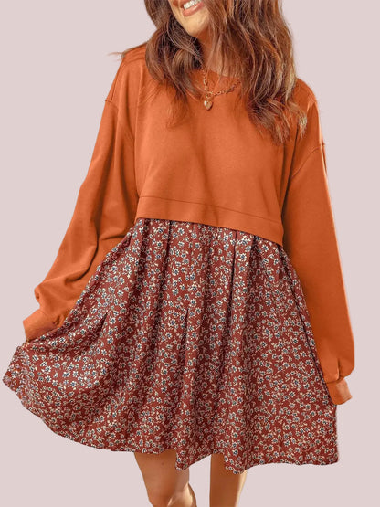 Women's Boho Fall Floral Sweatshirt Mini Dress