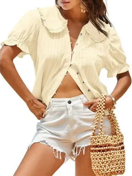 Women's Peter Pan Collar Puff Sleeve Button Down Blouse