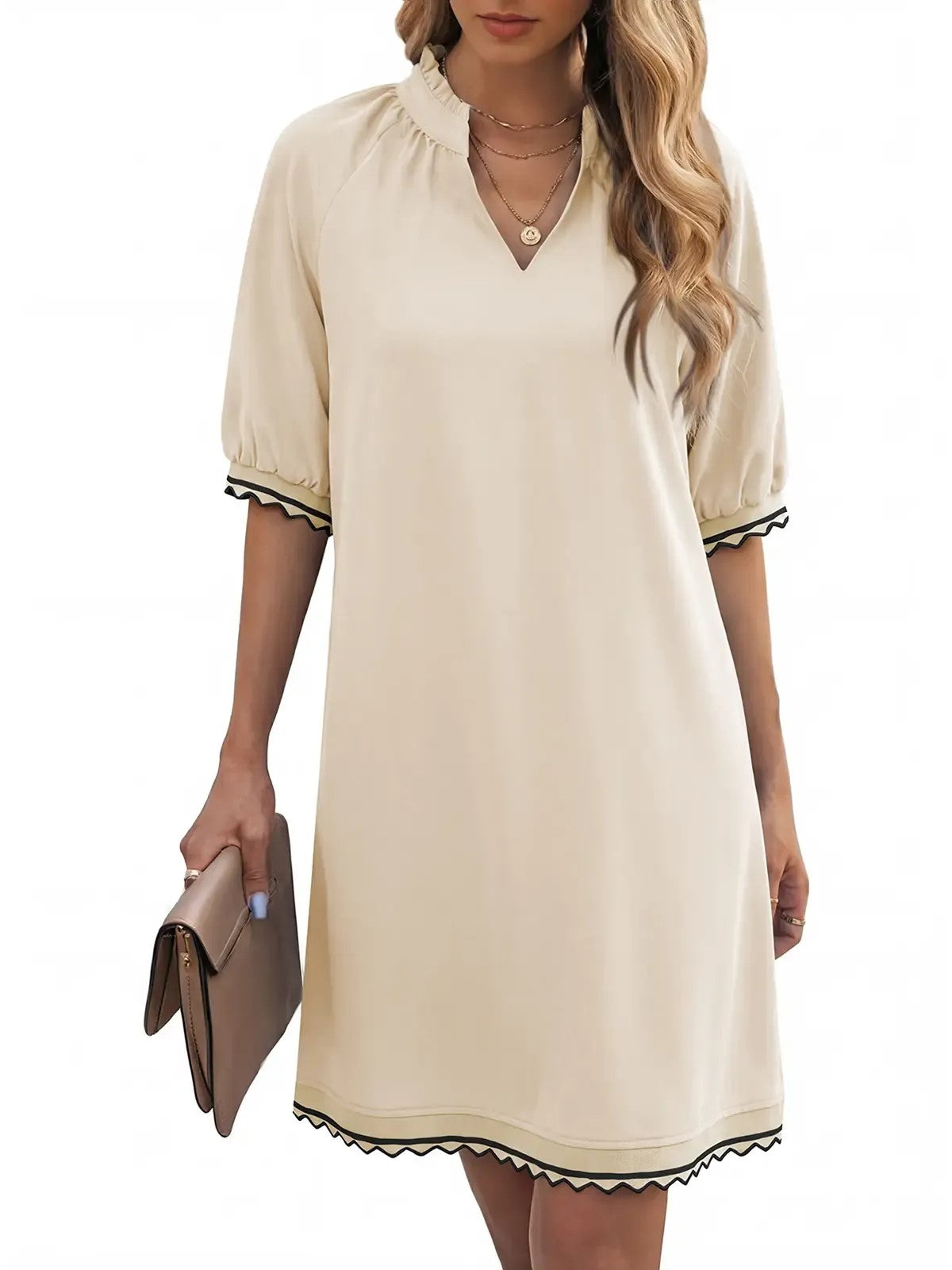 Women's Puff Sleeve Split V‑Neck Shift Dress