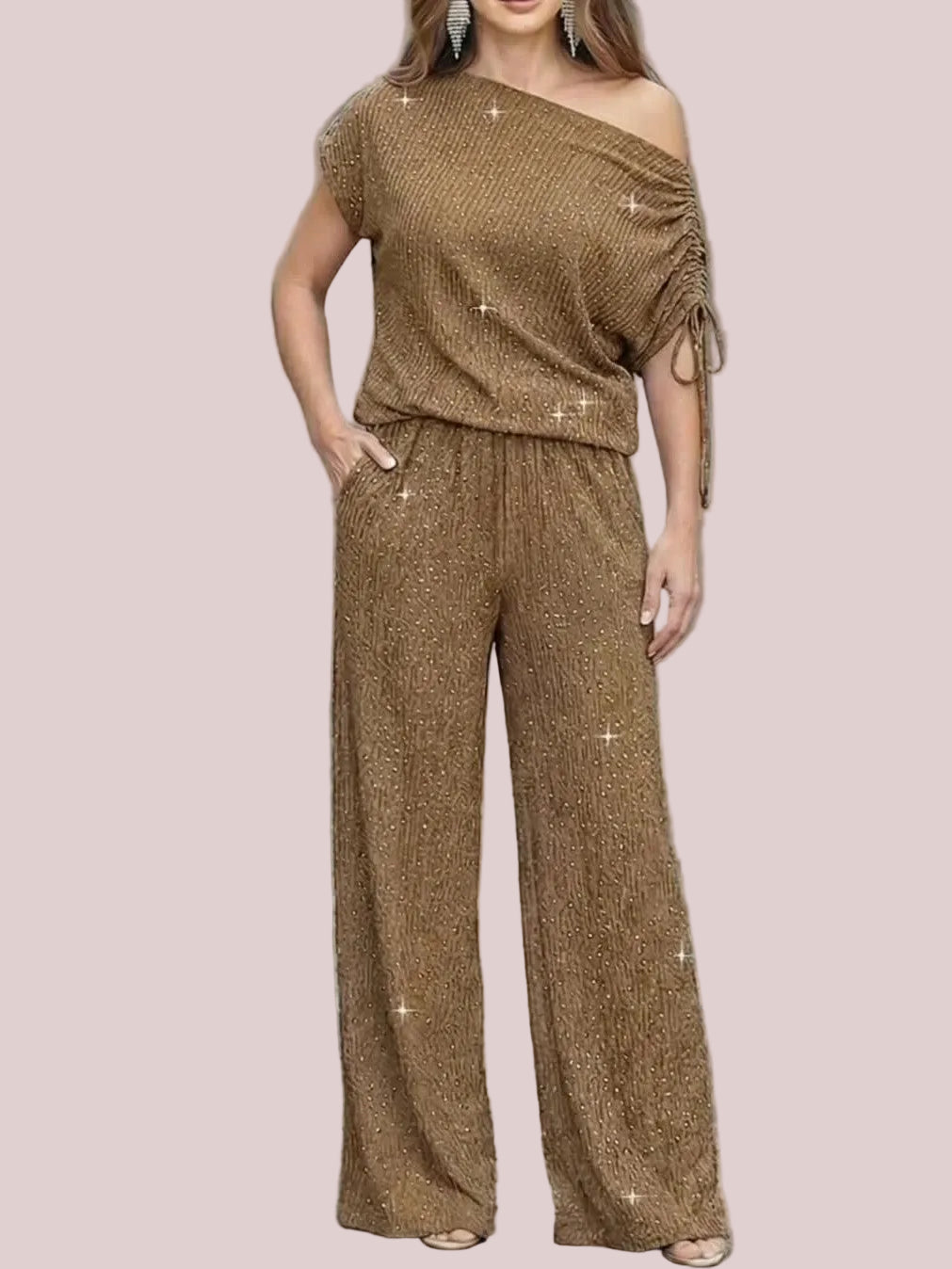 Women's Sparkle Off Shoulder Drawstring Top & Wide Leg Pants Set