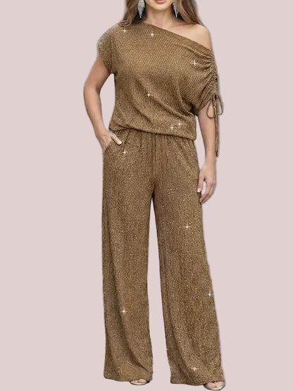 Women's Sparkle Off Shoulder Drawstring Top & Wide Leg Pants Set