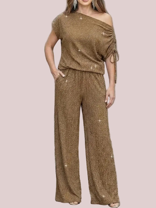 Women's Sparkle Off Shoulder Drawstring Top & Wide Leg Pants Set
