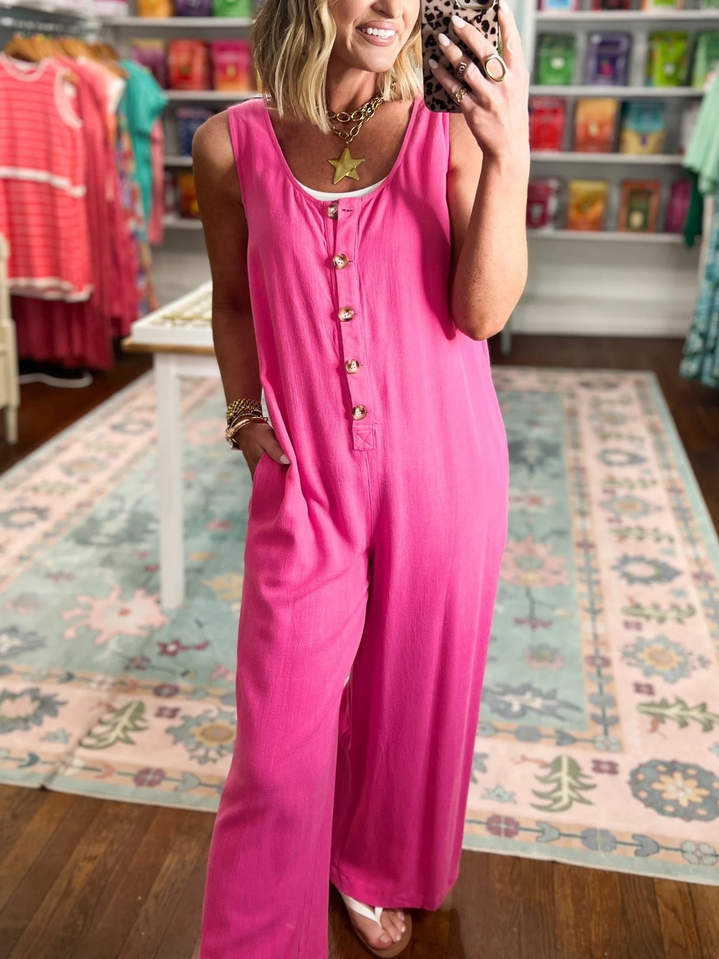 Women's Relaxed Sleeveless Button Jumpsuit