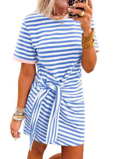 Women's Casual Knotted Striped Tee Dress