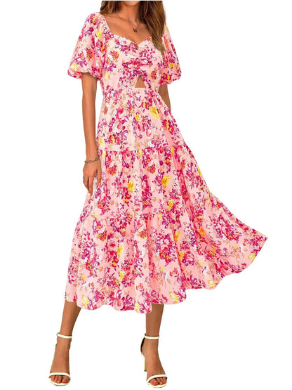 Women Square Neck Puff Sleeve Cutout Front Tiered Floral Midi Dress