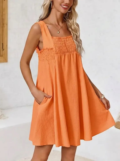 Women's Square Neck Smocked Sleeveless Mini Dress