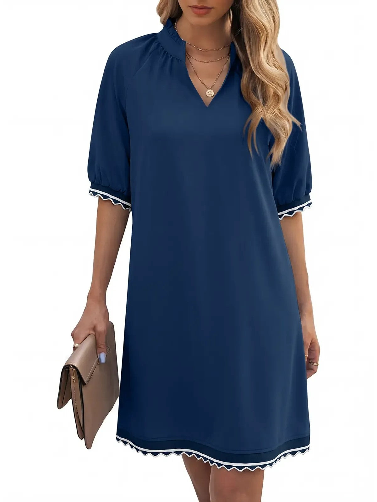 Women's Puff Sleeve Split V‑Neck Shift Dress