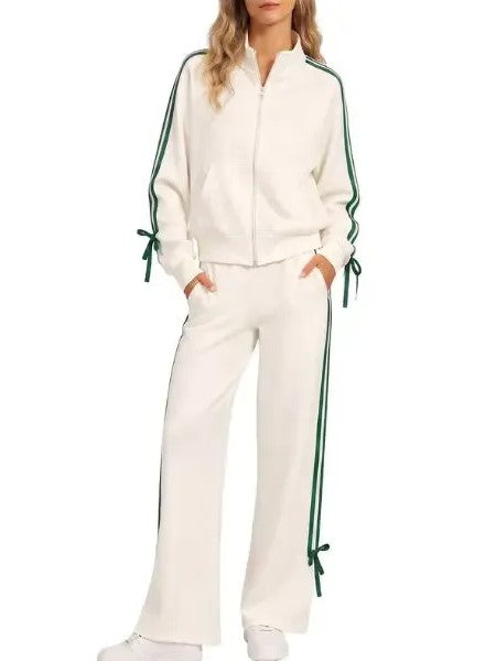 Women's Stand Collar Zip Up Side Stripe Bow Tie Tracksuit 2 Piece Outfit