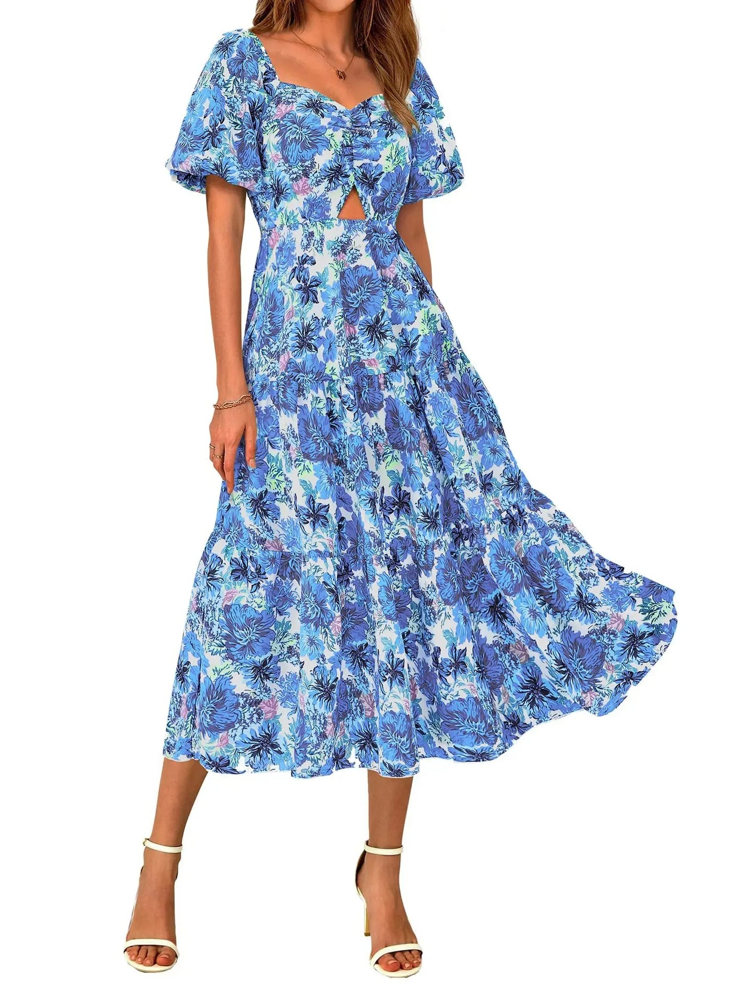 Women Square Neck Puff Sleeve Cutout Front Tiered Floral Midi Dress
