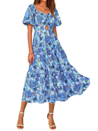 Women Square Neck Puff Sleeve Cutout Front Tiered Floral Midi Dress