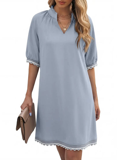 Women's Puff Sleeve Split V‑Neck Shift Dress