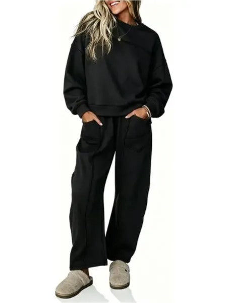 Women's Casual Stitching Detail Sweat Two‑Piece Outfit With Pockets