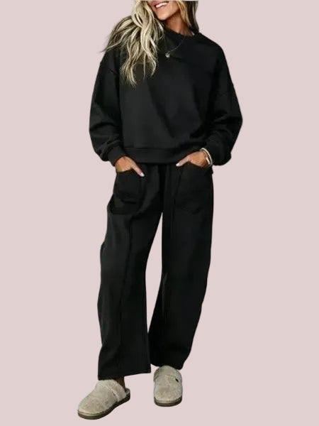 Women's Casual Stitching Detail Sweat Two‑Piece Outfit With Pockets