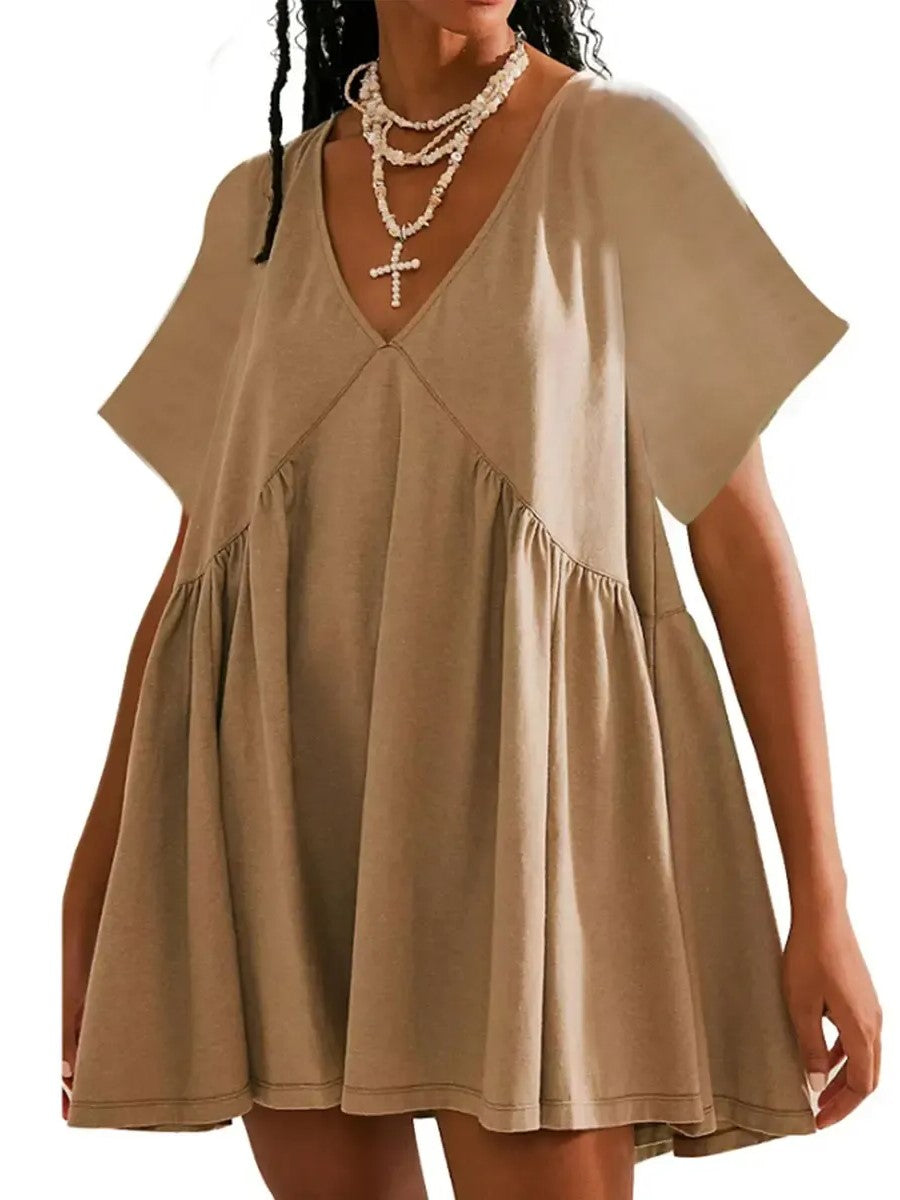 Women's V Neck Flowy Mini Babydoll Dress