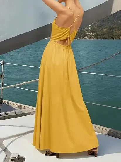 Women's Back Tie Cut‑Out Waist Ruched Flowy Summer Dress