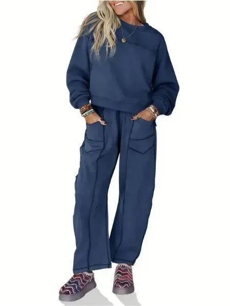 Women's Casual Stitching Detail Sweat Two‑Piece Outfit With Pockets